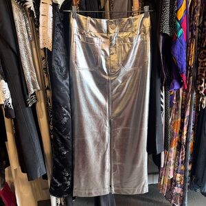 Anthropologie Metallic Silver High-Waist Midi Skirt